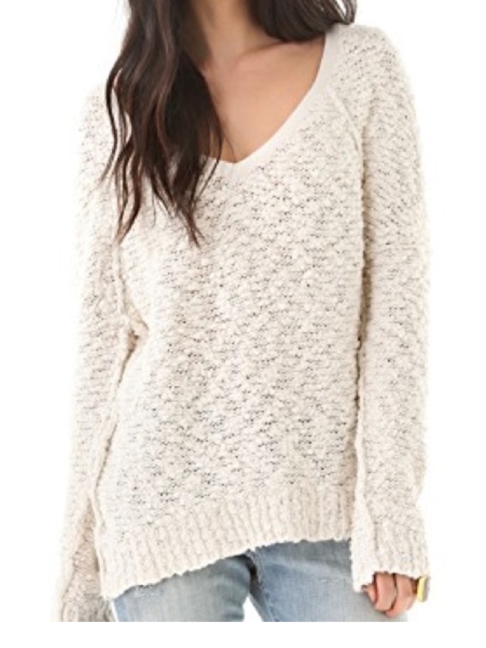 Free People Songbird Textured Ivory V-Neck Sweater